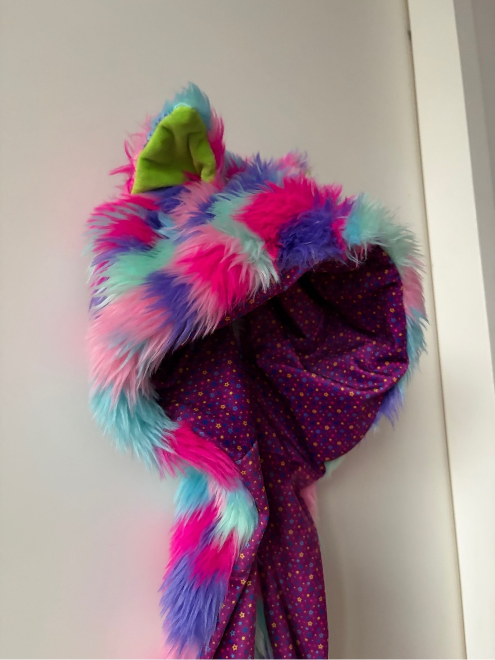 Kids Multicolor Faux Fur Hooded Scarf w/ Neon Green Ears + Paws + Purple Stars